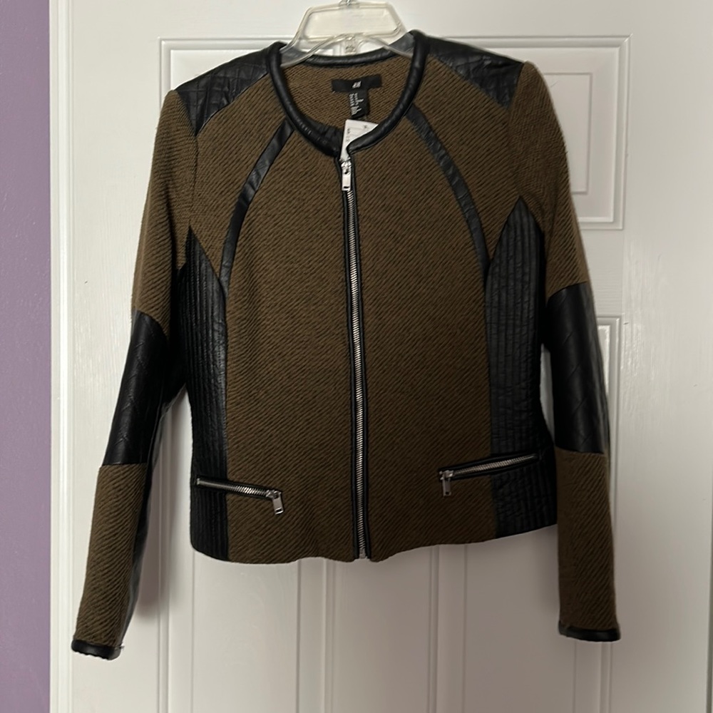 Green and black tweed and faux leather jacket